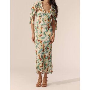 Anthropologie Short Sleeve V-Neck Slip Midi Dress Size XS Floral Green